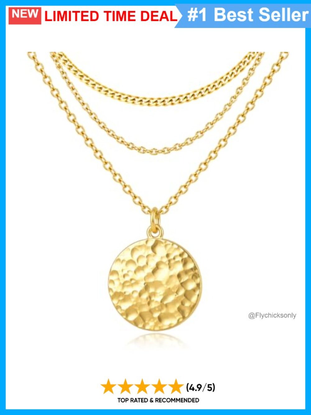 14K Gold Plated Layered Necklace Hammered Coin Pendant Women